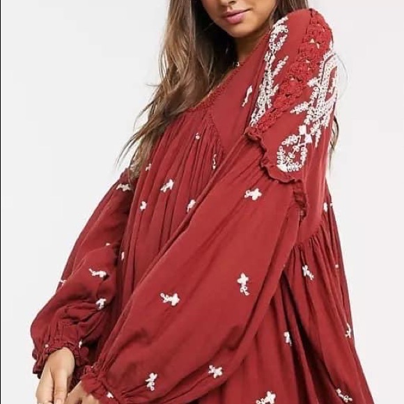 ❌SOLD❌NWT Free people Long Sleeve loose dress terracotta with white embroidery - Picture 4 of 5